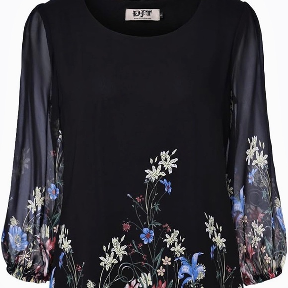 DJT Shift Chiffon Dress 3/4 Sleeve Elastic Cuff Knee Length Floral Print Lined - Picture 5 of 14